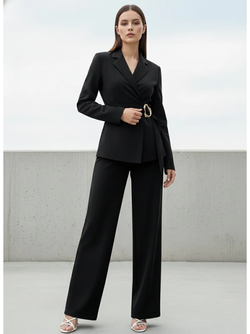 OUTZIDR  Black Full Sleeve Belted Detail Top And Pant Set for Women | Best Price UAE